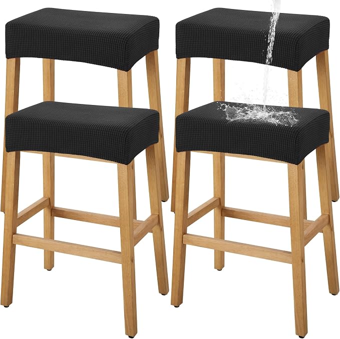 YISUN Stool Covers Rectangle - 4 Pack Stretch Waterproof Saddle Seat Cover Counter Bar Stools Bar Chairs Covers Kitchen Island Chairs Cushion Protector (4, Black)