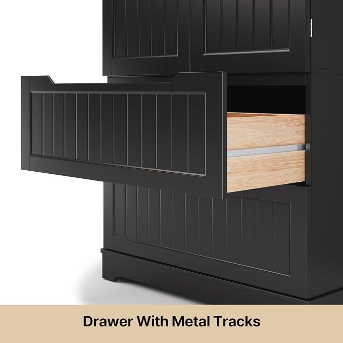 Gizoon Kitchen Storage Cabinets with Drawers Freestanding Kitchen Pantry with Doors and Shelves, 63" Food Pantry Cabinet for Dining Room Craft Room, Black, Painted