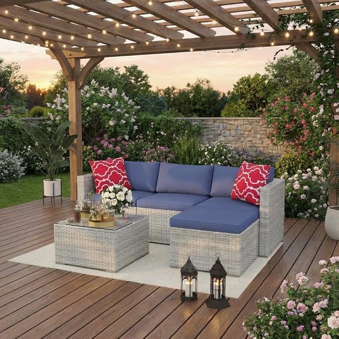 5-Piece Outdoor Sectional Sofa Set, Outdoor Patio Set Sectional Sofa, All-Weather PE Rattan Patio Furniture with Ottoman & Tempered Glass Table for Garden, Backyard, Porch, Poolside (Brown/Blue)