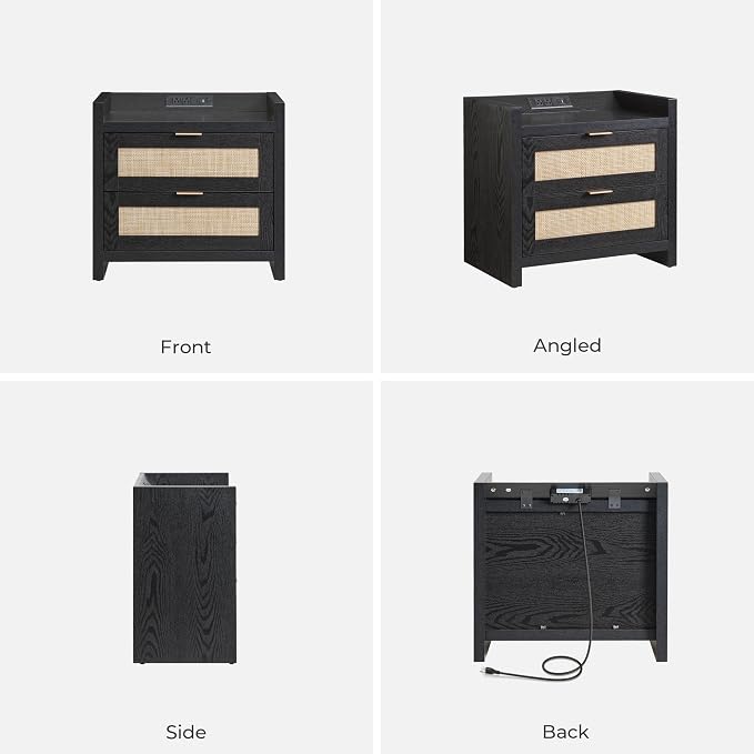 SICOTAS Night Stand Bedside Table - Rattan Nightstand End Table with Type-C Charging Station, 2 Drawers Storage Boho Night Stands for Bedroom - Black Oak