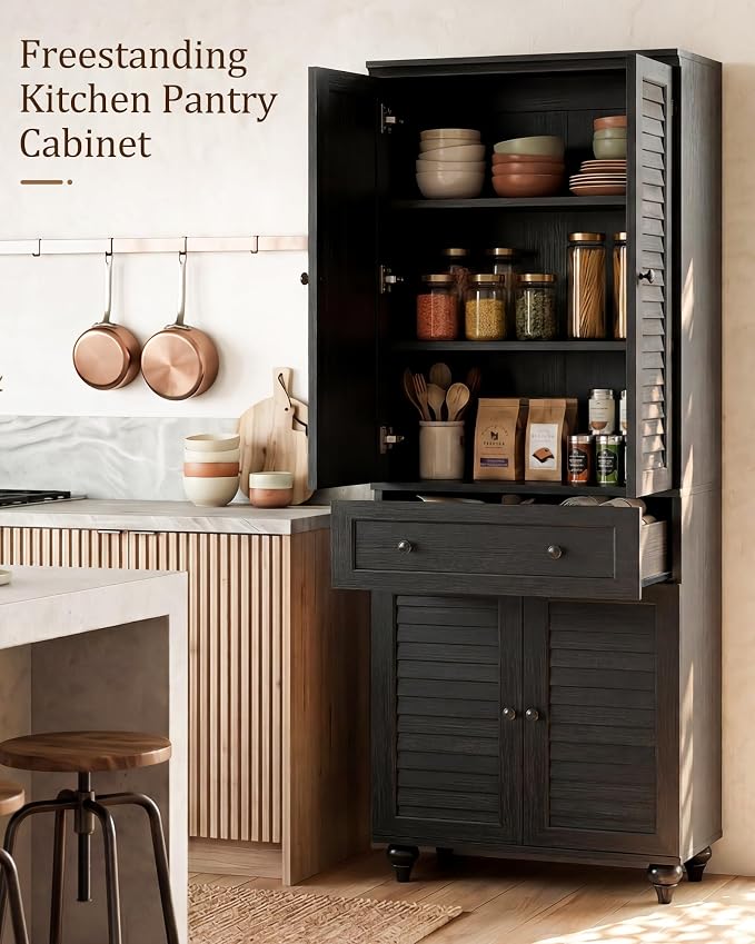 80" Tall Kitchen Pantry Cabinet, Farmhouse Storage Cabinets | Louvered Doors and Adjustable Shelves, Freestanding Storage, Dining Room, Living Room, Home Office, Bathroom, Black
