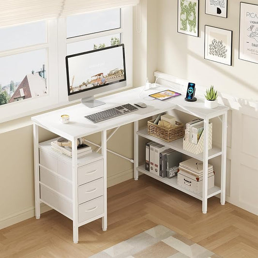 DUMOS L Shaped Desk with Shelf Drawers 47", Corner Computer Desks Gaming with Power Outlet, Study Table with Adjustable Shelves, Home Office Tables for Bedroom Teacher Writing, Modern White