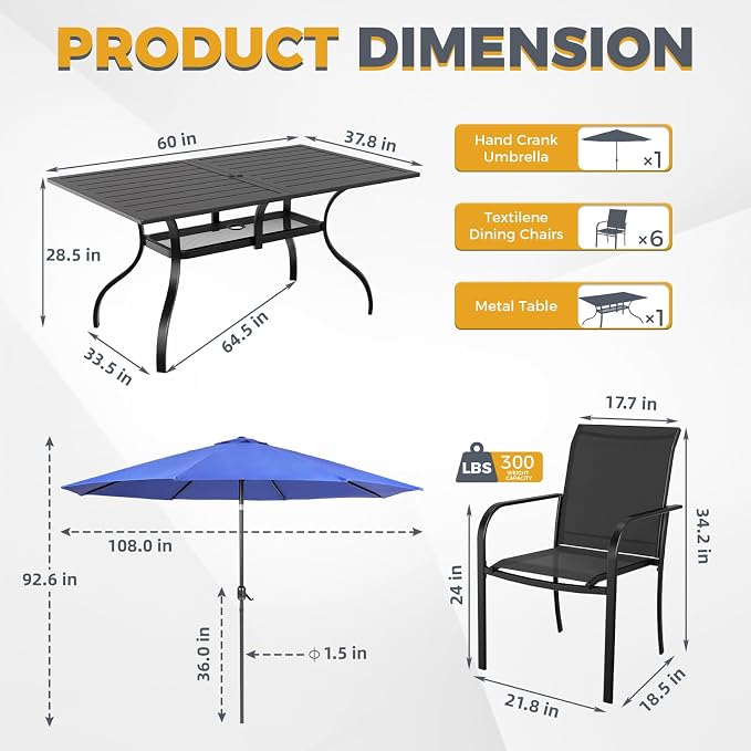 SUNCROWN 8 - Piece Outdoor Dining Set, Patio Furniture Set with 6 Textilene Dinning Chairs, 1 Rectangle Metal Table and 1 Dark Blue 9Ft Patio Umbrella for Lawn Garden Backyard Deck, Black