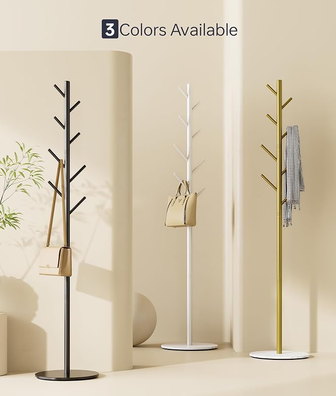Coat Rack with 8 Hooks, 3 Adjustable Heights, Modern Hall Tree, Sturdy Metal Clothes Stand with Sintered Stone Base for Entryway, Office, Bedroom, for Coats, Hats, Handbags and Scarves, White