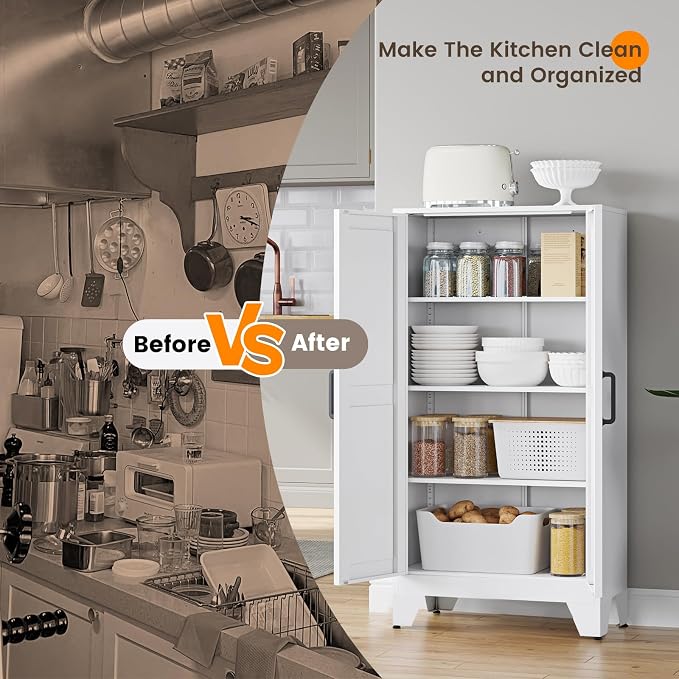 Yizosh Metal Storage Cabinet with 2 Doors and 3 Adjustable Shelves - 47" White Kitchen Pantry Storage Cabinet Locker for Kitchen,Living Room,Dining Room