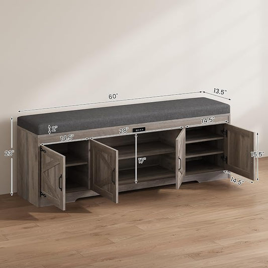 UPOSOJA 60“ Farmhouse Shoe Storage Bench with Deodorizing, Entryway Storage Bench with Cushion Seat, 4 Doors Freestanding Hidden Shoe Rack, Adjustable Shelf, for Bedroom, Living Room (Gray Wash, 60IN)