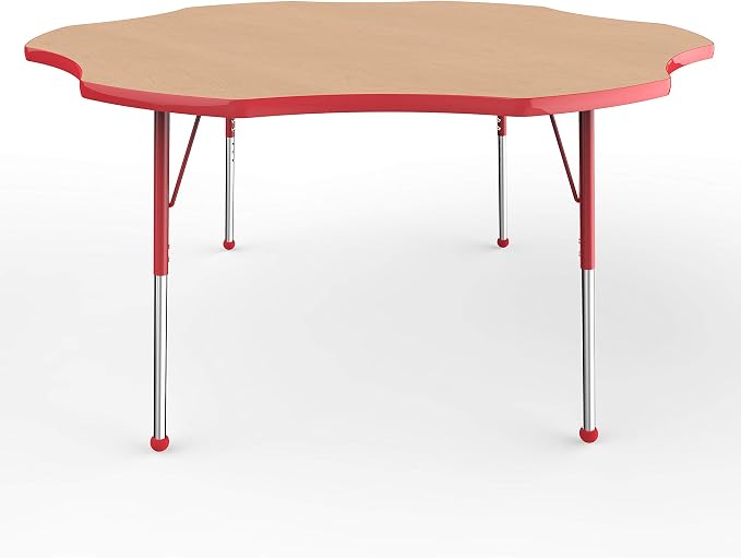 FDP Flower Activity School and Office Table (60 inch), Standard Legs with Ball Glides for Collaborative Seating Environments, Adjustable Height 19-30 inches - Maple Top and Red Edge