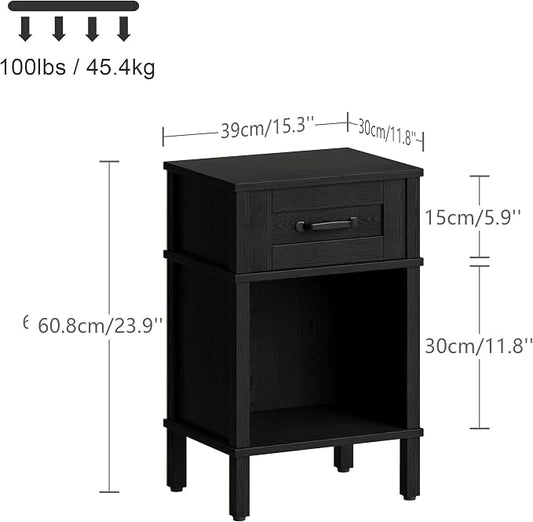 Farmhouse Nightstand with Drawer, Small Wood Side Table, Wooden Bedroom Nightstand, Wood Night Stand, Black Bedside Table with Storage, Black End Table for Living Room LET512B