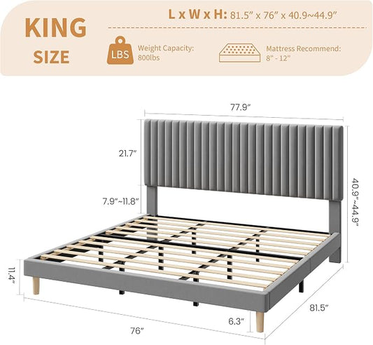 IDEALHOUSE King Bed Frame with Adjustable Headboard, Velvet Upholstered Platform King Size Bed Frame, Vertical Channel Tufted, Strong Wooden Slats, No Box Spring Needed, Easy Assembly, Grey