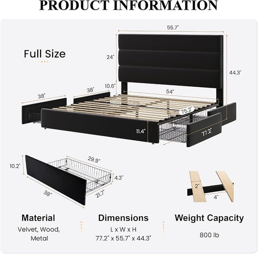SHA CERLIN Full Size Platform Bed Frame with 4 Storage Drawers, Velvet Upholstered Headboard, Mattress Foundation with Wooden Slats Support, No Box Spring Needed, Easy Assembly, Black