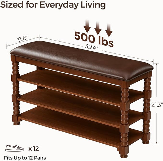 Homleke 3-Tier Solid Wood Shoe Rack Bench with Classic Turned Ball Legs | Tall Entryway Bench with Leather Seat, Holds Up to 12 Pairs, for Hallway, Bedroom and Closet, Walnut, 39.4 Inch
