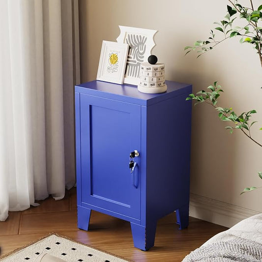 ALBAD Metal Nightstand with Lockable Cabinet, Compact Mini Locker Bedside Table for Kids & Adults, Modern Steel Side Table for Bedroom, Dorm, or Living Room (Blue)
