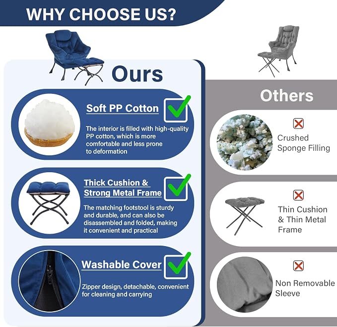 Lazy Chair with Ottoman, Modern Accent Chair Sofa Chair with Armrests, Reading Chair and Folding Footstool for Living Room, Bedroom, Office, Royal Blue