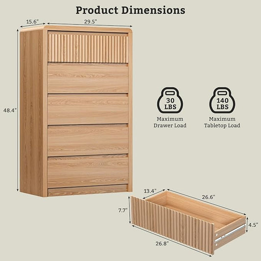 LYNSOM 5 Drawer Dresser for Bedroom, 48" Tall Fluted Dresser with Curved Corners, Wood Dressers & Chests of Drawers with Dual-Panel Design for Bedroom, Entryway, Oak