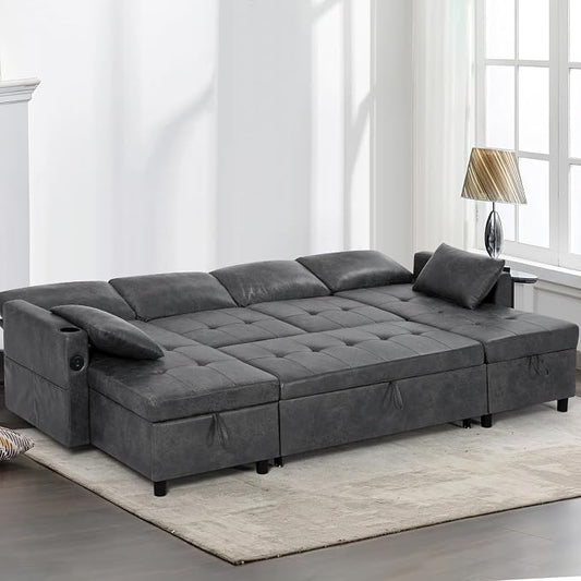 110 inches Suede Leather Sleeper Sofa w/Pull Out Bed, U-Shape Sectional Sofa Bed w/Adjustable Backrest and Storage Chaises, 4-Seats Upholstered Sofa Bed w/USB Port for Living Room, Grey