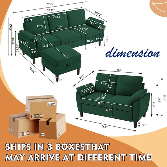 80" Convertible Sectional Sofa Set, Modern Linen Small L Shaped Couch with Reversible Chaise and Loveseat Sofa, 3-Seat Sofa Couches for Living Room, Office, Apartment, Green