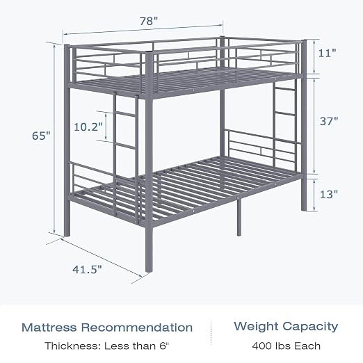 VECELO Metal Bunk Bed Twin Over Twin, Industrial Bunkbeds with Ladder and Full-Length Guardrail, Noise Free, No Boxing Spring Needed, Grey