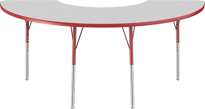 FDP Half Moon Activity School and Office Table (36 x 72 inch), Standard Legs with Swivel Glides for Collaborative Seating Environments, Adjustable Height 19-30 inches - Gray Top and Red Edge