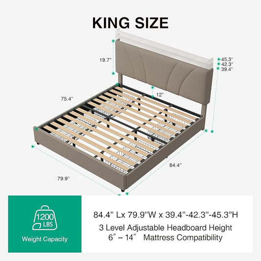 Novilla King Bed Frame, King Bed Frame and Headboard, King Size Bed Frame with Drawers, King Bed Frame with LED Lights, Charging Station and Adjustable Headboard, No Box Spring Needed, Beige