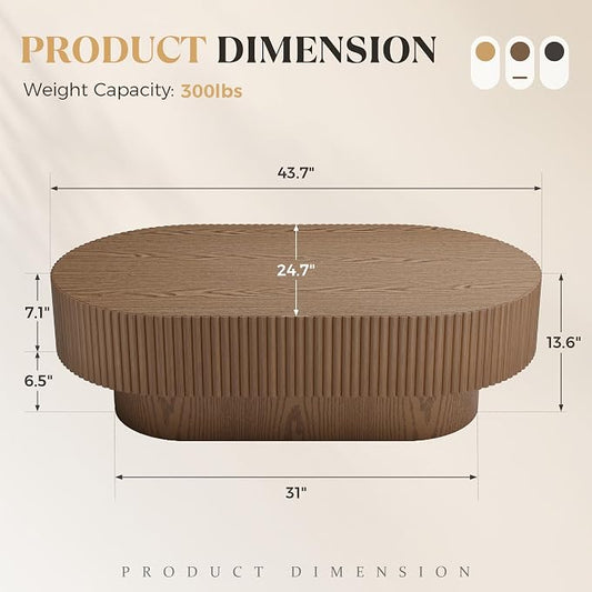 YOUDENOVA 43.7” Oval Coffee Table, Modern Wood Fluted Coffee Table for Living Room, Veneer Handcrafted Relief Center Table with Sturdy Pedestal,Easy Assembly - Walnut