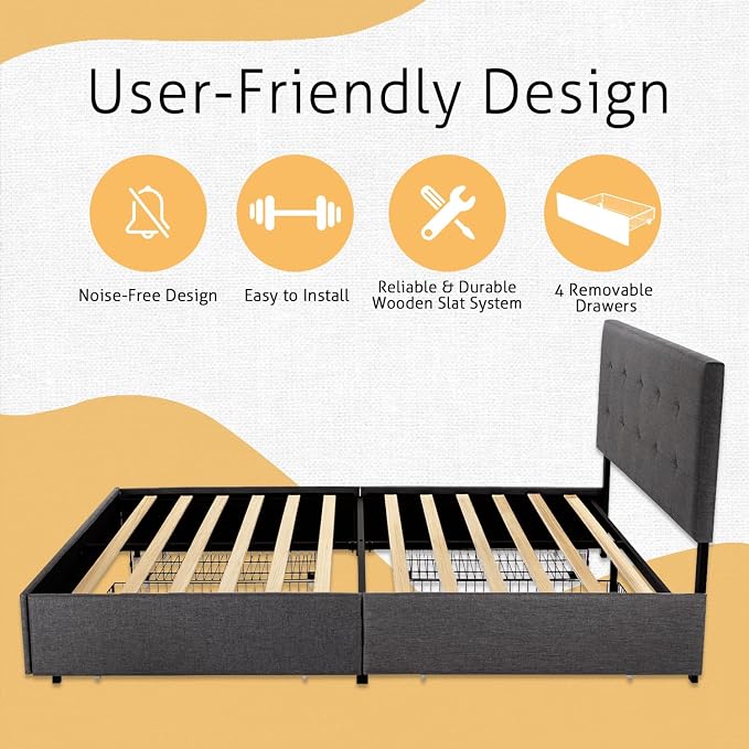 SHA CERLIN Upholstered Queen Size Platform Bed Frame with 4 Storage Drawers, Adjustable Headboard with Square Stitched Button Tufted Design, Wooden Slat Support, No Box Spring Needed, Dark Grey