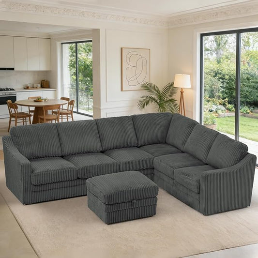 115" Corduroy Sectional Sofa with Storage Ottoman, Modern 7 Seats Corner Couch with Deep Seats, Comfy Modular U Shaped Couch with Comfortable Cushions for Living Room, Grey