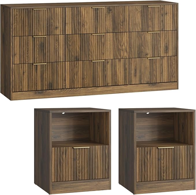 9 Drawer Dresser & Nightstand Set 3-Piece, 63” Wide Bedroom Dresser Set Night Stand Set of 2 with Metal Handle, Fluted Modern Wood Chest of Drawers Storage Dressers Set for Bedroom, Walnut