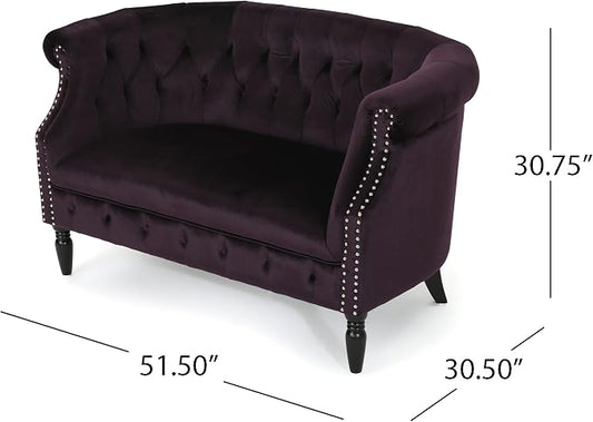 Christopher Knight Home GDFStudio Melaina Tufted Chesterfield Velvet Loveseat with Scrolled Arms, BlackBerry and Dark Brown