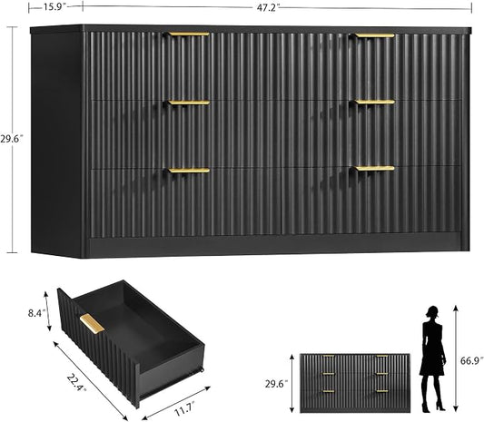 TEENFON Fluted 6 Drawer Dresser for Bedroom, Wide Modern Chest of Drawers with Metal Handle, Curved Profile Design, Wood Closet Clothes Storage Organizer for Bedroom, Living Room, Hallway, Black