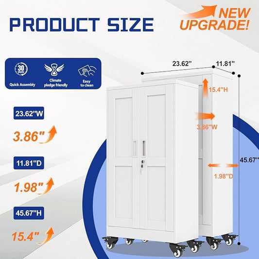 GAIOUS Metal Garage Storage Cabinet with Lock and Wheels, 45.7" Tall Metal Storage Cabinets with Locked Door and 3 Adjustable Shelves, Rolling Tool Cabinet, Utility File Cabinet for Home Office, White