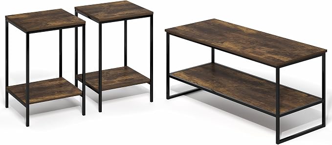 Furinno Simplistic Coffee Table and End Table Set of 3, Modern Metal Frame 2-Tier Coffee Table & 2 Square Side Tables, Night Stands Set, for Living Room, Bedroom, Home Office, Amber Pine