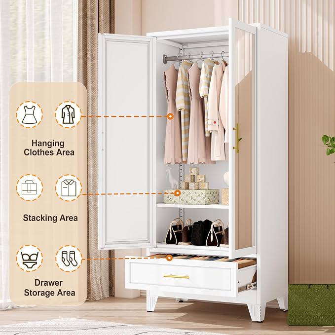 Metal Wardrobe Storage Cabinet with Mirror and Hanging Rod,71'' Metal Clothing Cabinet with 2 Doors and Drawer for Bedroom, Laundry Room, Cloak Room (White)