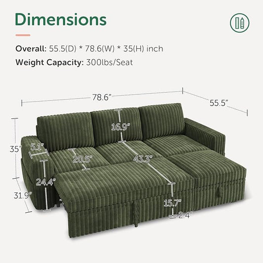 HONBAY Modular Sectional Sofa with Pull Out Bed,Corduroy L Shaped Sleeper Sofa with Storage, Sectional Couches for Living Room,Green