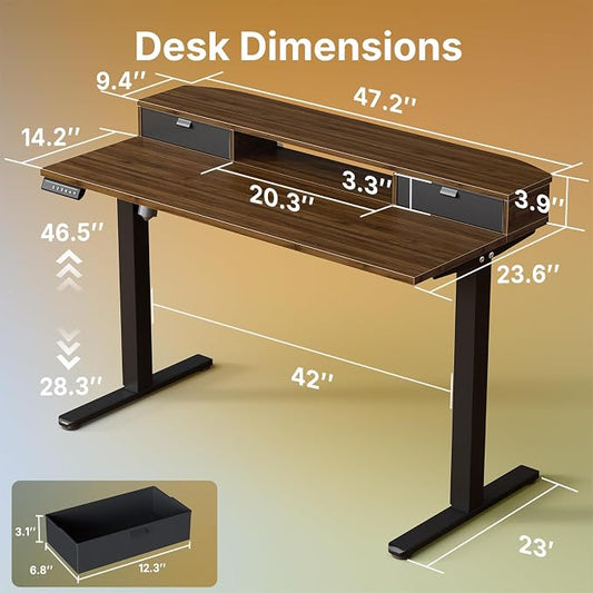 HUANUO 47.2" X 23.6" Electric Standing Desk with 2 Drawers, C-Clamp Mount Compatible, Height Adjustable Computer Desk, Home Office Stand Up Desk with 4 Preset Heights & 2 Hooks, Walnut