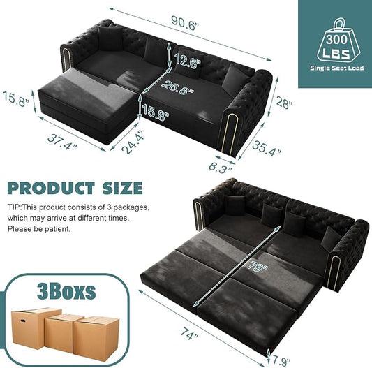 90.6'' Velvet Folding Floor Sofa Bed - 3-in-1 Convertible Sleeper Couch with Ottoman, Button Tufted Gold Edge Trim Chesterfield Sofa, Pull-Out King Size Couch Bed for Apartments, Living Room, Black | 3-in-1 Convertible