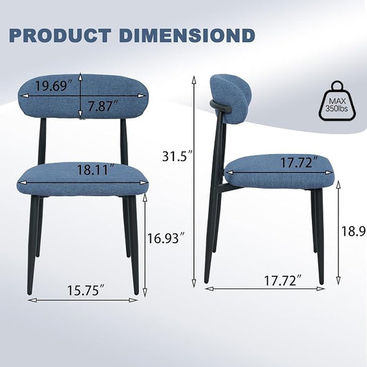 FREKEN Modern Upholstered Dining Chairs Set of 2, Mid-Century Metal Frame Linen Fabric Side Chair for Kitchen Dining Room, 350lbs Capacity, Blue