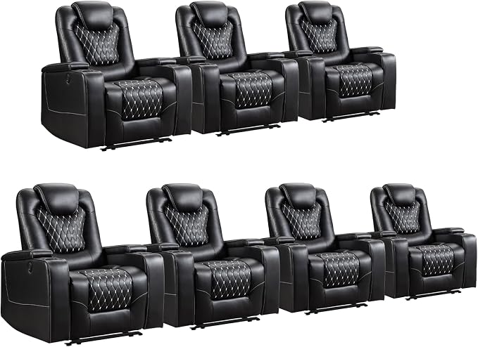 ANJ Power Recliner Chair Set of 7, Electric Soft Faux Leather Reclining Home Theater Seating - USB Ports, Cup Holders, Hidden Arm Storage Movie & Media Room Chairs (Black)