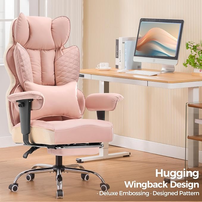 GTPLAYER Big and Tall Gaming Chair 400lbs Heavy Duty Office Chair with Foot Rest & Ergonomic Pocket Spring Lumbar Support, High Back 3D Saddle Shaped Cushion for Back Pain Relief, Pink
