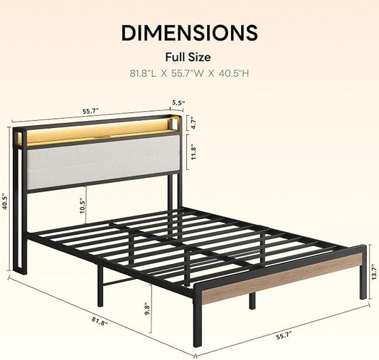 LIKIMIO Full Bed Frame with Storage Headboard and LED Lights, Metal Platform Bed with Charging Station, Noise Free, No Box Spring Needed, Under Bed Storage, Natural and Cream