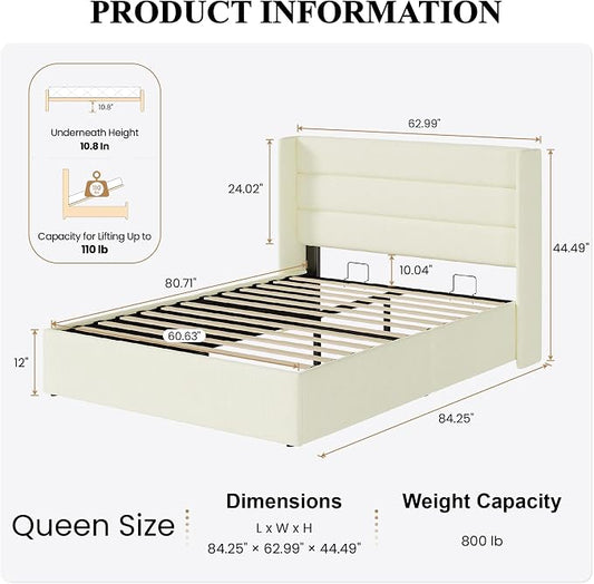 SHA CERLIN Queen Size Lift Up Storage Bed/Chenille Fabric Upholstered/Modern Wingback Headboard/Platform Bed Frame/Hydraulic Storage/No Box Spring Needed/Wood Slats Support/Cream
