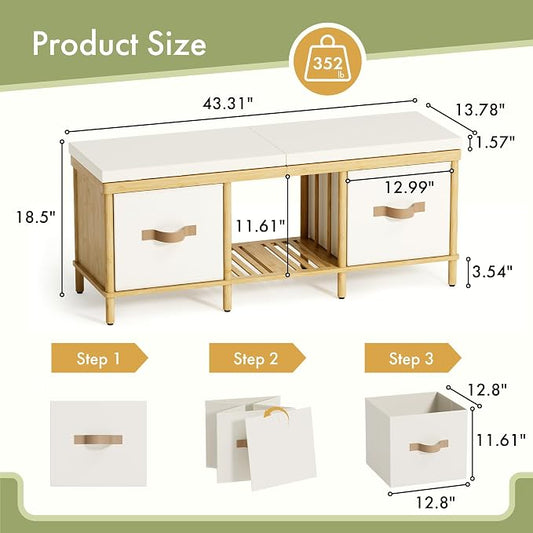 Storage Bench, 43.3" Bamboo Storage Chest with 3 Drawers, Entryway Bench with Cushioned Seat, End of Bed Bench with Storage Toy Box, Toy Chest Storage Bench for Entryway, Living Room, Bedroom