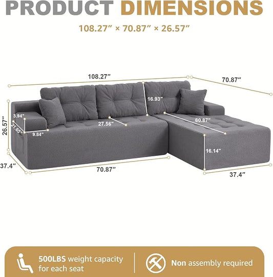 Hobestluk Modular Sectional Sofa Couches L-Shape Couch 3 Seat Modular Sofa Memory Foam Sectional Couches for Living Room, Cloud Couch with Oversized Chaise (Grey Tufted, 108", Right Hand Facing)
