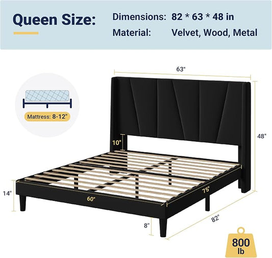 Allewie Queen Size Platform Velvet Bed Frame with Geometric Wingback Headboard, Boho Upholstered Bed with Wooden Slats Support, No Box Spring Needed, Easy Assembly, Black