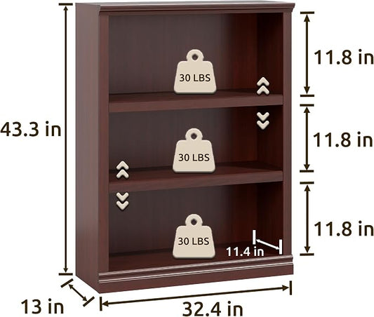 Bevfint 43 in Tall Bookcase, 3-Tier Bookshelf Open Storage, 33 inch Wide Floor Standing Indoor Furniture, Book Cases for Home School Library Office Bedroom Kids, Mahogany 3 Tiers