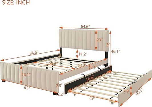 Ball & Cast Queen Bed Frame with Twin XL Size Trundle,Velvet Upholstered Platform Bed Frame Queen Size with Channel Tufted Headboard,Wood Slats Support,No Box Spring Needed,Easy Assembly,Beige