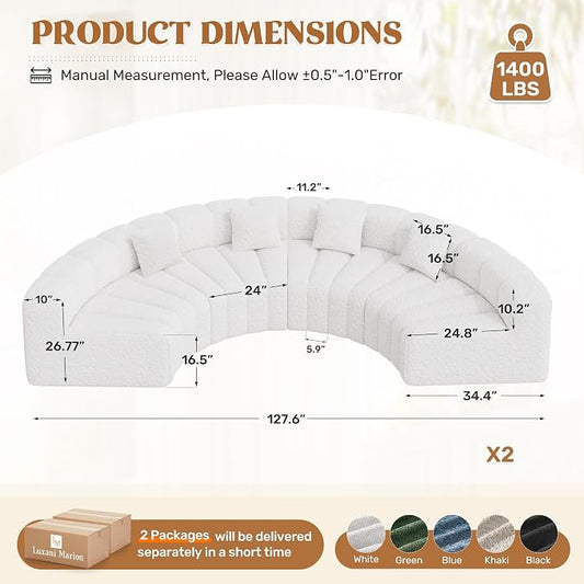 Luxanimarion Oversized Curved Cloud Couch, 8 Seater Modern Round Modular Sectional Sofa, Convertible Boneless Couches for Living Room, No Assembly Required, White 1 PCS