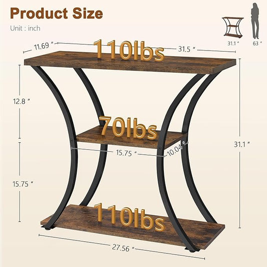 Hoctieon 3 Tier Console Table with Open Wood Shelves, Decorative Entryway Table with Curved Metal Frames, Narrow Sofa Table for Entrance, Living Room, Hallway, Rustic Brown+Black