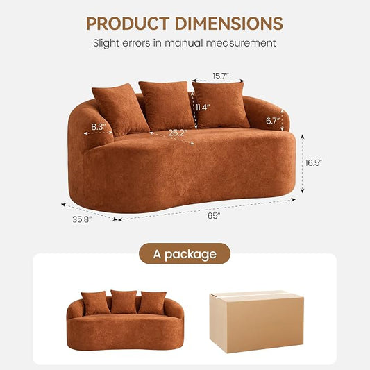 65" Boneless Loveseat Sofa Couch, Modern Comfy Curved Cloud Sofa, Chenille Deep Seat Love Seat Couches for Living Room, No Assembly, Orange