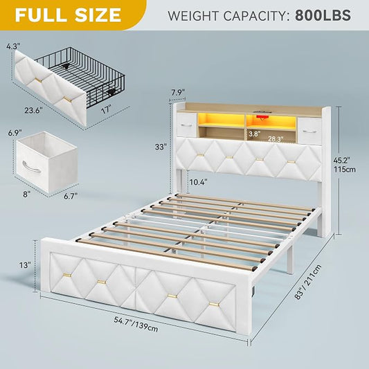 DWVO Full Size Bed Frame with 2 Storage Drawers and Storage Headboard, Upholstered Platform with Charging Station and LED Light, No Box Spring Needed, Noise Free, Easy Assembly, Velvet White