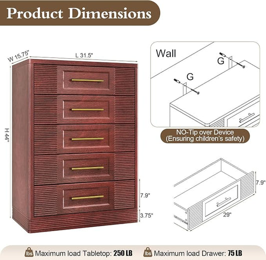 RECHHX Farmhouse 5 Drawers Dresser for Bedroom, 44" Tall Modern Chest of Drawers, Wooden Thermoformed Curved Dresser Organizer for Bedroom, Living Room, Walnut Cherry